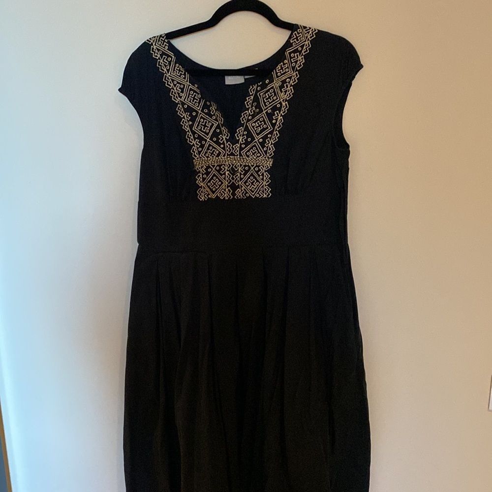 eShakti Black Gold Embroidered Yoke Cap Sleeve Dress Pockets Size 14